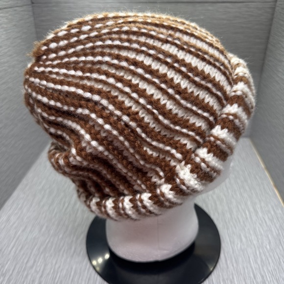 Anthropologie Women\'s Brown‎ White Striped Knit Beanie Winter Hat OSFM main image 9